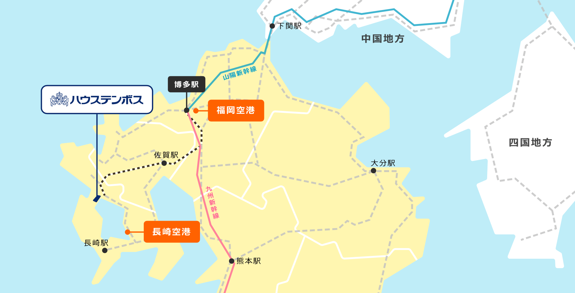 Wide area map from Kyushu region to Huis Ten Bosch